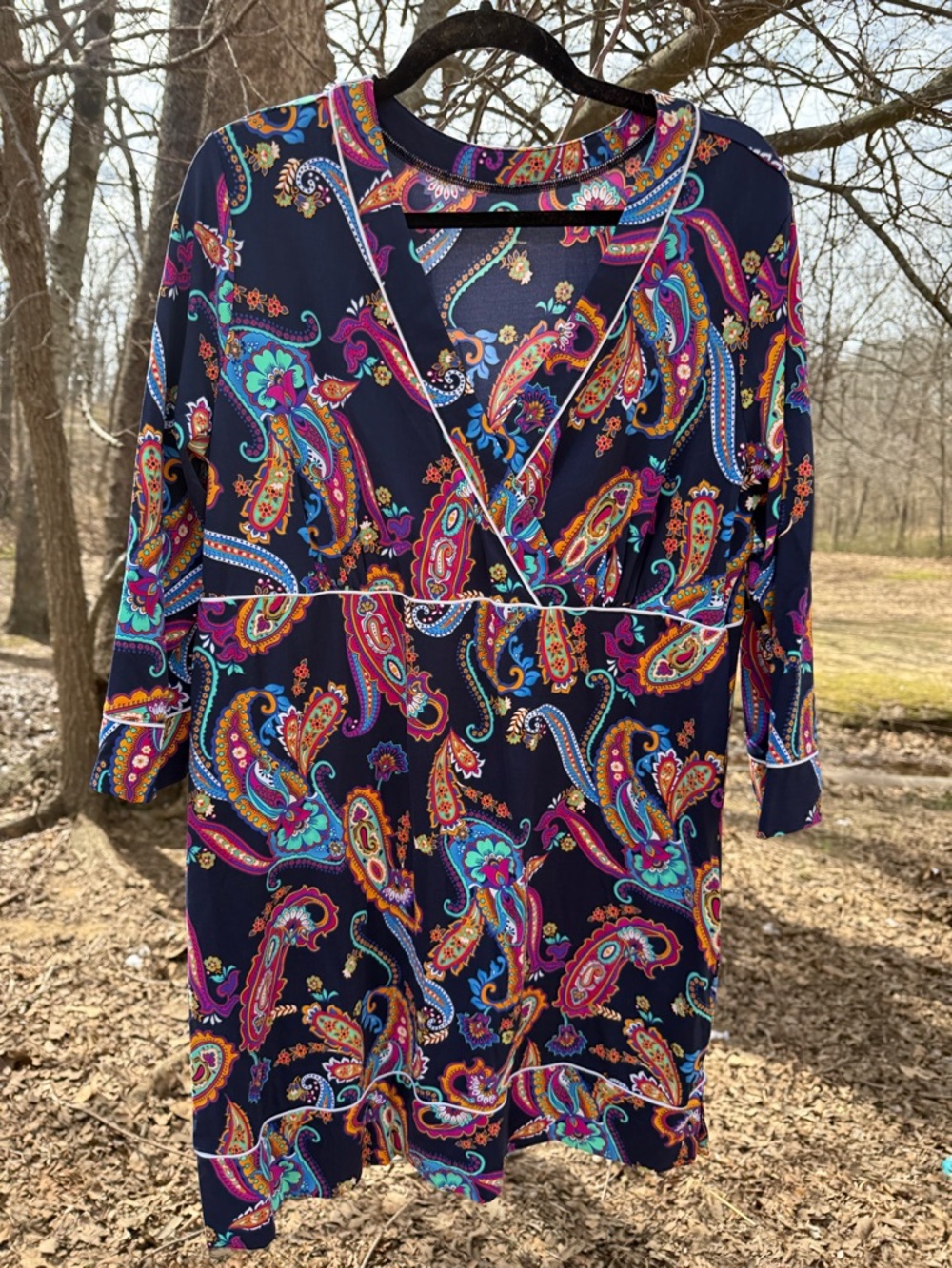 Lands' End Navy Paisley Floral Top with Teal and Orange Accents